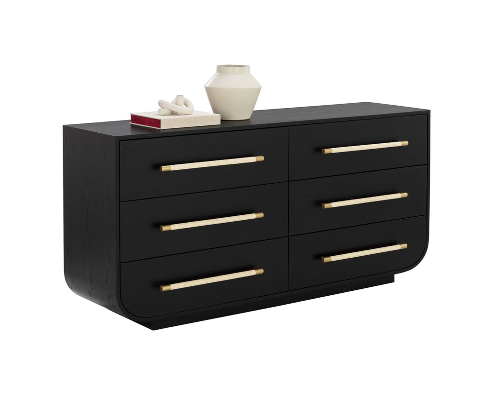 Sunpan Tarrant Dresser - Modern Black Oak Design with Raffia Wrapped Handles and Elegant Curves for Style