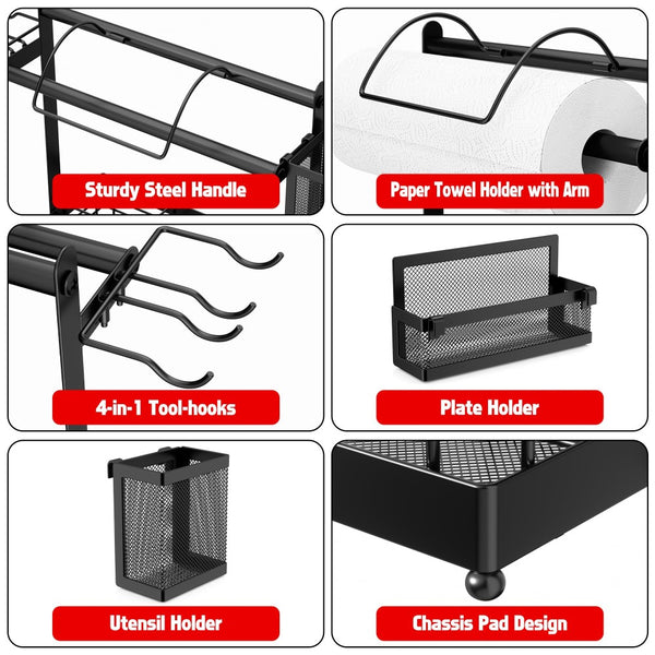 English Elm Picnic Grill Caddy Organizer with Tool Hooks Condiment Storage and Towel Holder W2181P483981