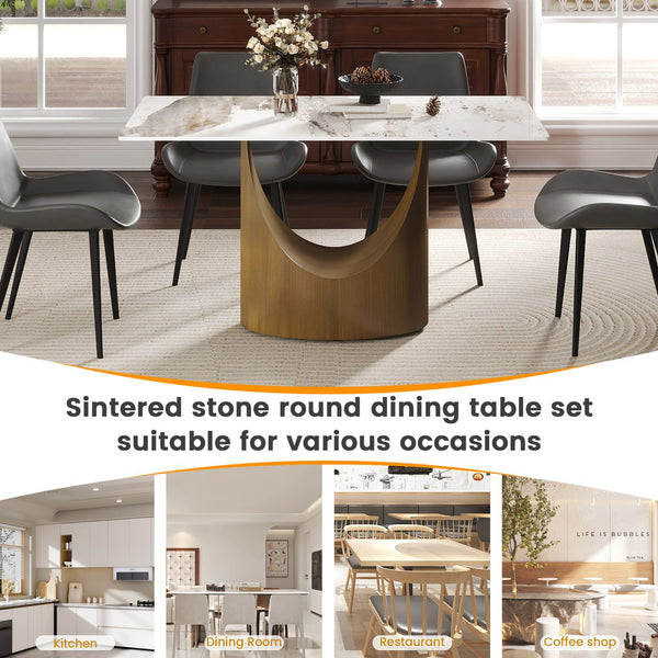 English Elm 55.12"Modern Sintered Stone Dining Table with Bronze Iron Legs — Sleek Rectangular Top, Seats 6, 400 lb Capacity Antique Brass,White W1535S00556