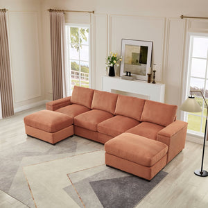 English Elm 122"l Corduroy Sectional with Dual Ottomans Modular U-shape Sofa for Modern Living Orange W1669S00022