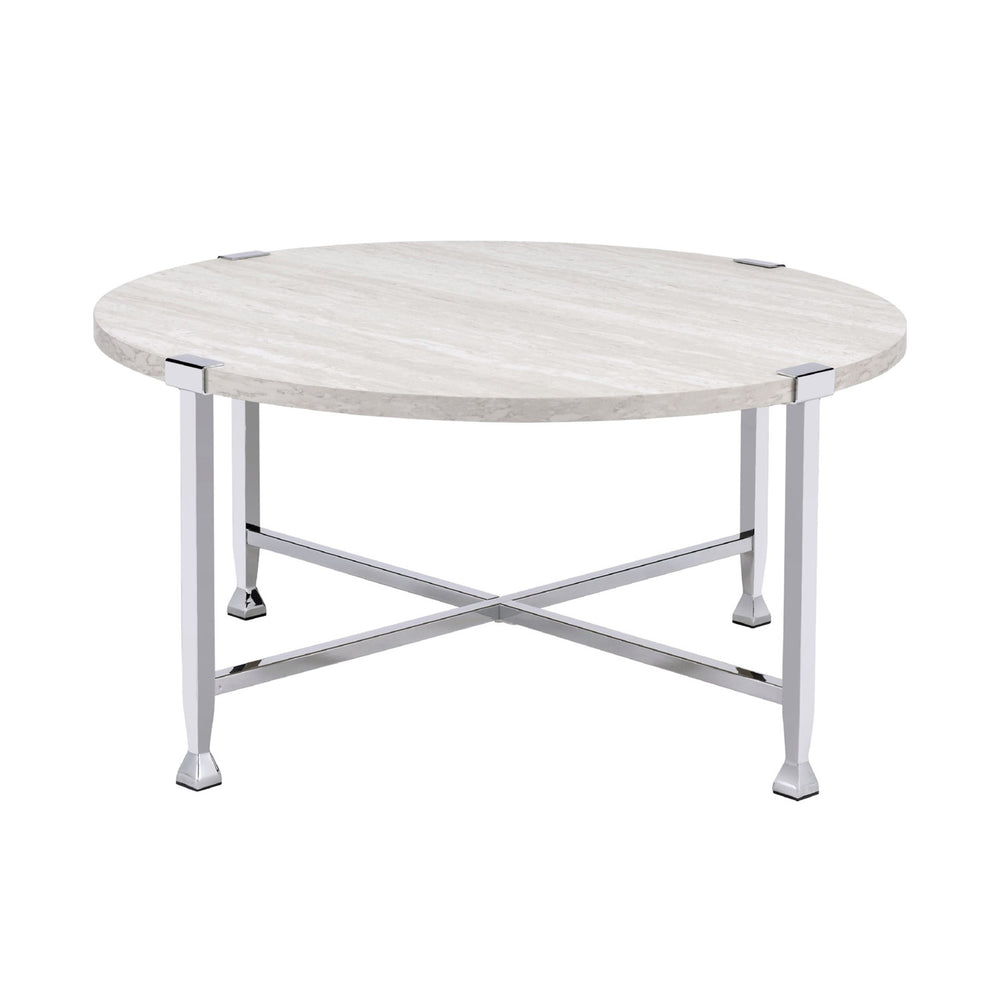 English Elm Round Coffee Table with White Oak Top and Chrome Frame Legs — Modern Minimalist Accent for Living Room B016P313026