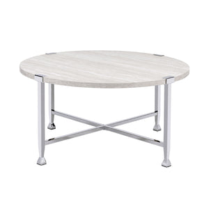 English Elm Round Coffee Table with White Oak Top and Chrome Frame Legs — Modern Minimalist Accent for Living Room B016P313026