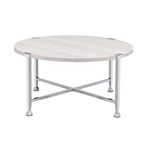 English Elm Round Coffee Table with White Oak Top and Chrome Frame Legs — Modern Minimalist Accent for Living Room B016P313026