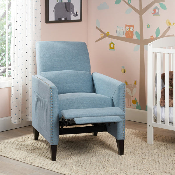 English Elm Christopher Knight Home® - PUSH Light Blue Fabric Push-Back Recliner with Nailhead Accents, Birch Wood Legs, Comfortable Relaxing Seat 65532.00LBLU