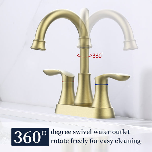 English Elm Bathroom Faucet Brushed Gold - 2-Handle Centerset, 360° Swivel Spout, Easy Install With Drain & Hoses T3177P277461