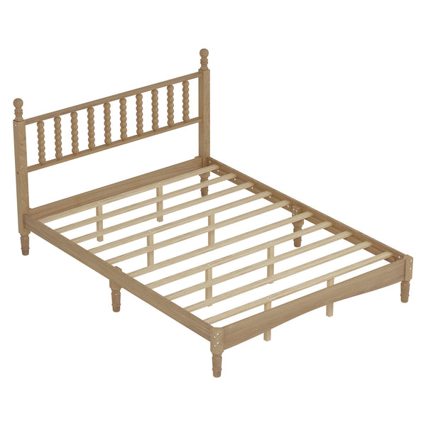 English Elm Queen Wood Platform Bed with Gourd-Shaped Headboard, Retro-Inspired Solid Frame, Slat Support, Sturdy Elegance Natural 64.8 L x 17.5 W x 9.5 H N733P206242M