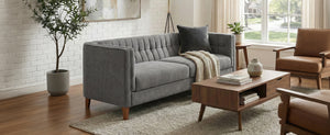 English Elm Modern Chenille Three Seater Sofa with Channel Tufted Back and Birch Wood Legs Grey N763S000100E