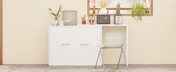 English Elm Twin Murphy Cabinet Bed with Folding Desk Mdf Frame Guest Room White Finish N733S272603K