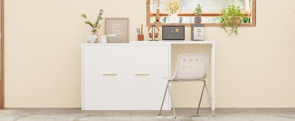 English Elm Twin Size Murphy Chest Bed With Foldable Cushion & Adjustable Desk - Space-Saving White Dresser Unit N733P272603W-GIGA