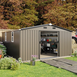 English Elm Campcraft 10x12 Ft Steel Outdoor Storage Shed with Daylight Windows and Weather Resistant Build Brown W1598S00030