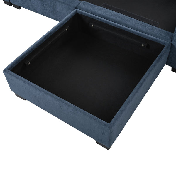 English Elm U_style Modular U-shaped Sectional Sofa with Storage Ottomans Linen Polyester 6 Seat Blue WY000462AAC