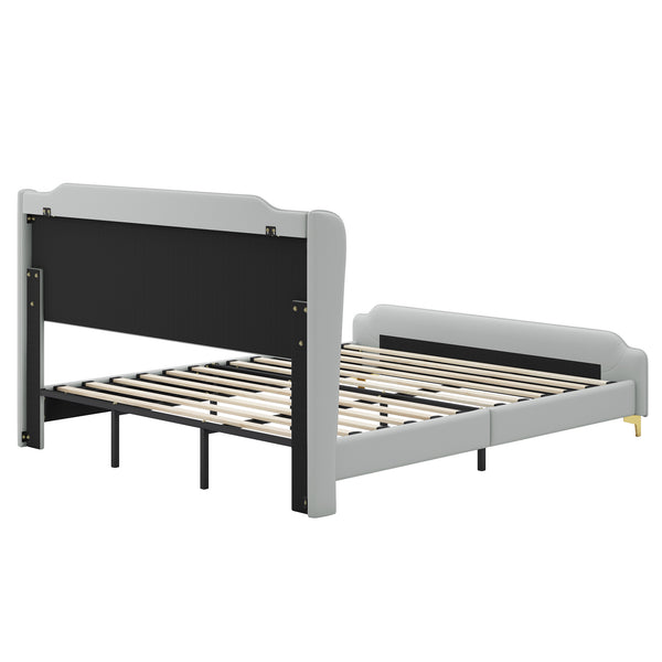 English Elm Christopher Knight Home® - King PU Leather Bed Frame with Wingback Headboard & Footboard, Gold Accents, Platform Slat Support, Elegant Design Grey 77.5 L x 21 W x 5.25 H N761S0000012E