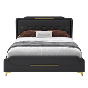 English Elm Christopher Knight Home® - King PU Leather Bed Frame with Wingback Headboard & Footboard, Gold Accents, Platform Slat Support, Elegant Design Black 77.5 L x 21 W x 5.25 H N761S0000012B