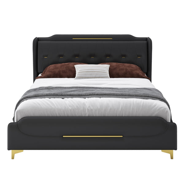 English Elm Christopher Knight Home® - King PU Leather Bed Frame with Wingback Headboard & Footboard, Gold Accents, Platform Slat Support, Elegant Design Black 77.5 L x 21 W x 5.25 H N761S0000012B
