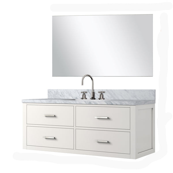 English Elm Castor 48" W White Single Bath Vanity with Carrara Marble Top, Assembled, Chrome Faucet & 43" Mirror B2731P336963