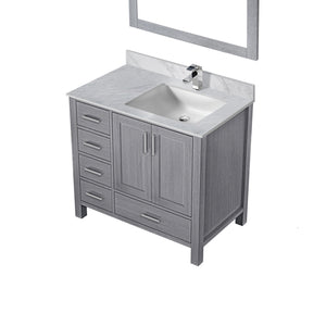 English Elm Distressed Grey Bath Vanity Set With Carrara Marble Top, Chrome Faucet & Stylish 34" Mirror Ensemble B2731S01265