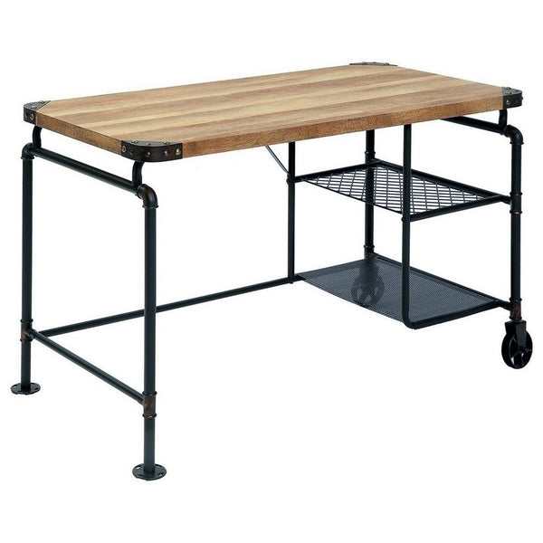 English Elm 47 Inch Industrial Writing Desk with Wire Shelf Caster Wheels and Wood Grain Top B056P416870