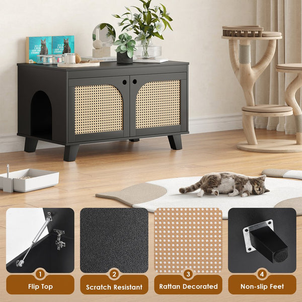 English Elm Flip Top Hidden Cat Litter Box Enclosure with Rattan Doors, Flip-Top Access, Odor Control, Stylish Table Ready Black T3623P354969