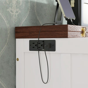 English Elm Murphy Cabinet Queen Bed Solid Pine Frame with Built-in Charging Station for Guest Rooms White+Walnut W504S00193