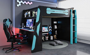 English Elm Full Size Wood Loft Bed with Rgb Lighting Desk Storage and Gaming Console Shelf Blue LT000260AAC