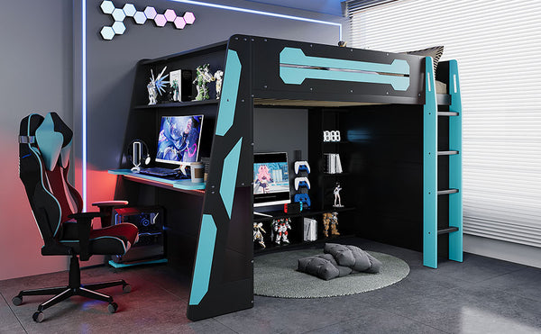 English Elm Full Size Wood Loft Bed with Rgb Lighting Desk Storage and Gaming Console Shelf Blue LT000260AAC