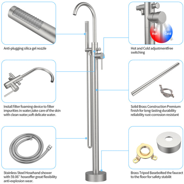 English Elm Freestanding Bathtub Faucet Floor Mount Matte Black Single Handle with Hand Shower High Flow Design Brushed Nickel T3177P277529