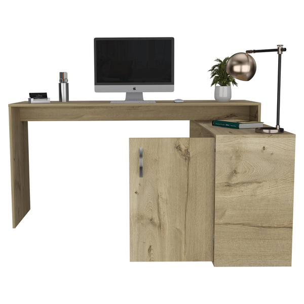 English Elm L-Shaped Desk with Right Return — Spacious 59" Work Surface, Cabinet + Shelves for Office Storage Beige 34.25 L x 23.62 W x 4.72 H B097S00169