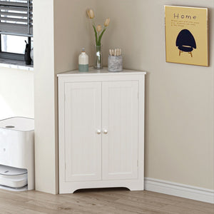 English Elm Floor Corner Cabinet with Beadboard Doors & Adjustable Shelf, Narrow Freestanding White Storage for Bath, Kitchen, Living Room, Bedroom W808P175911