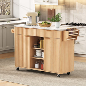English Elm K&k Fluted Rolling Kitchen Island Faux Marble Top Power Outlet Drop Leaf Storage Natural N707S000019Y