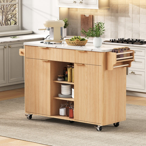 English Elm K&k Fluted Rolling Kitchen Island Faux Marble Top Power Outlet Drop Leaf Storage Natural N707S000019Y
