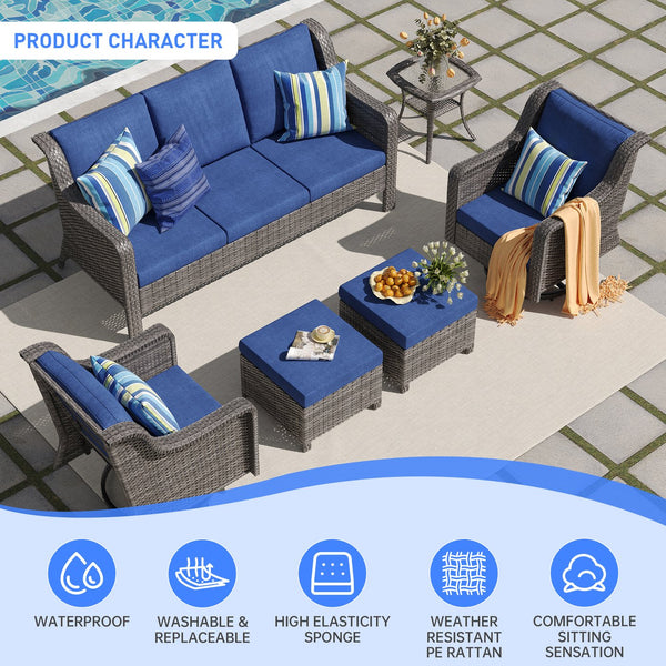 English Elm Tl Seven Piece Outdoor Pe Rattan Patio Set with Swivel Chairs Footstools and Side Table T5925S00006