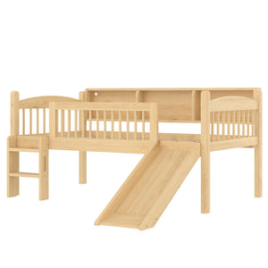 English Elm Twin Low Loft Bed Solid Pine Frame with Built-in Led Lighting and Storage Shelves Natural W1580P395930