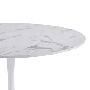 English Elm 42.1" Round Marble Look Pedestal Dining Table Mid Century Modern Seats Six White W234P453955