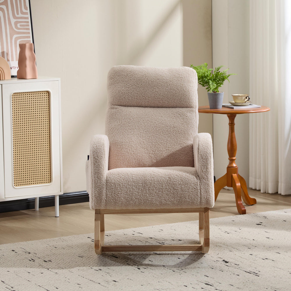 English Elm Modern Upholstered Glider Rocker with Teddy Fabric High Back and Rubberwood Base Beige W3723P409073