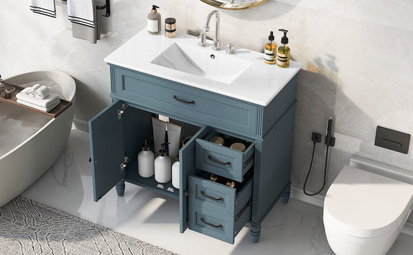English Elm 36" Modern Bathroom Vanity with Ceramic Sink, Solid Wood + MDF Frame, Sleek Freestanding Design Blue N725P195410C
