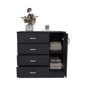English Elm Wilmore 4-Drawer Living Room Storage Cabinet in Black with Side Shelves, Sleek Silver Handles Durable Finish B092P315571
