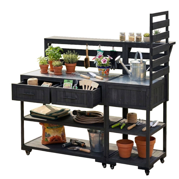 English Elm Topmax Modular Fir Wood Outdoor Kitchen Cart Stainless Steel Prep Station Black N717P417963B