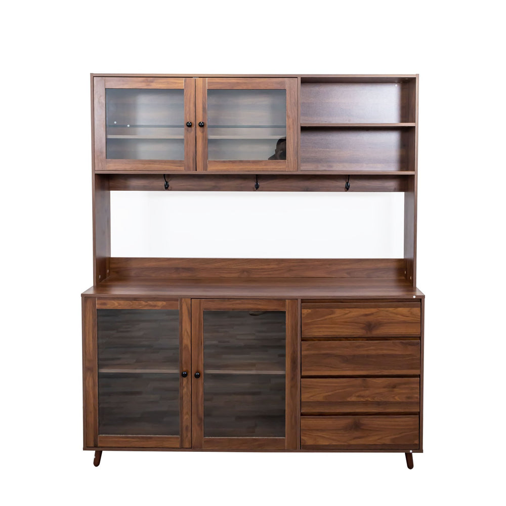 English Elm 63" Large Kitchen Hutch Cabinet with Microwave Shelf, 4 Doors & Drawers, Cable Management Storage Walnut W331S00171