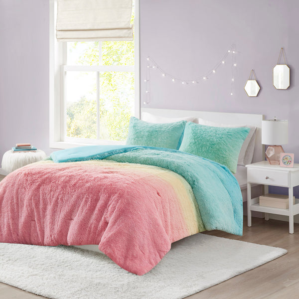 JLA Home Mi Zone - Ombre Rainbow Shaggy Faux Fur Comforter Set — Plush, OEKO‑TEX Certified, Hypoallergenic Warmth 90 L x 86 W x 1H MZ10-0649