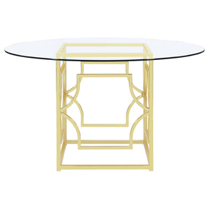 English Elm Krista Round Tempered Glass Dining Table with Geometric Brass Sculpted Base B062S01826