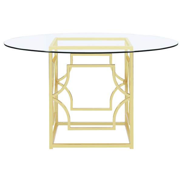 English Elm Krista Round Tempered Glass Dining Table with Geometric Brass Sculpted Base B062S01826