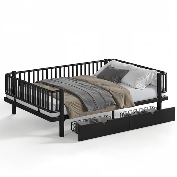 English Elm Queen Storage Platform Bed Low Profile Metal Frame with Built-in Drawers for Small Spaces Black W5305P471352