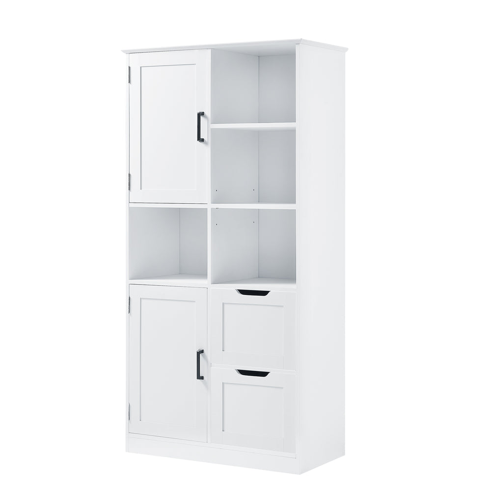 English Elm Bathroom Tall Storage Cabinet with Doors, 2 Drawers, Adjustable Shelf, Anti-Tip, MDF White, Sleek Handles WF530559AAK