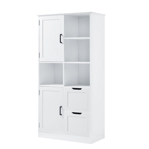 English Elm Bathroom Tall Storage Cabinet with Doors, 2 Drawers, Adjustable Shelf, Anti-Tip, MDF White, Sleek Handles WF530559AAK
