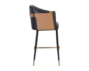 Sunpan Carter Barrel Back Barstool in Faux Leather with Black Steel Legs and Copper Foot Caps for Elegance Napa Black / Napa Cognac
