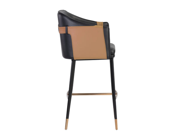 Sunpan Carter Barrel Back Barstool in Faux Leather with Black Steel Legs and Copper Foot Caps for Elegance Napa Black / Napa Cognac