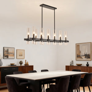 English Elm Black Linear Chandelier 12 Light Seeded Glass Farmhouse Fixture for Dining Rooms W5008P392744