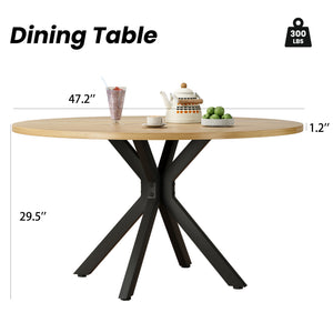 English Elm 47 Inch Round Dining Table For 4-6 People, Mid-Century Modern Style, Sturdy Wood & Metal Design T3623P380336