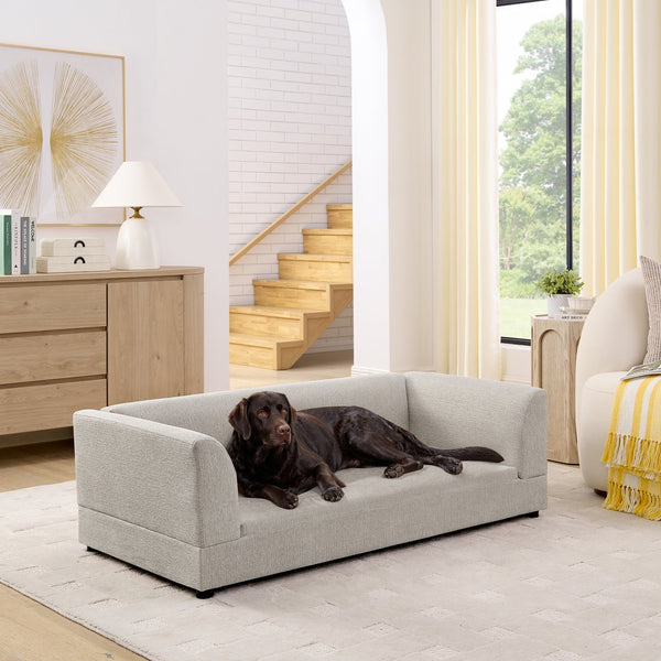 English Elm Comfortable Linen Upholstered Pet Sofa with Backrest and Armrests for Large Dogs Beige W487P430318