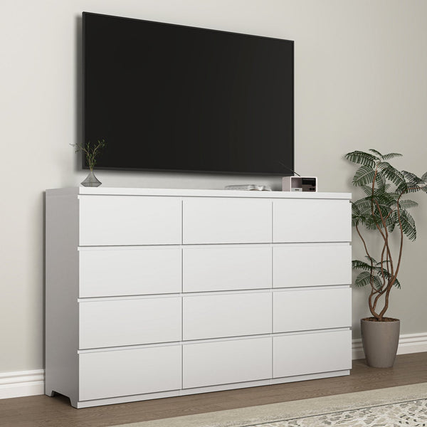 English Elm 12 Drawer Wide Double Dresser Modern Symmetrical Wood Storage Chest for Bedroom W409S00018